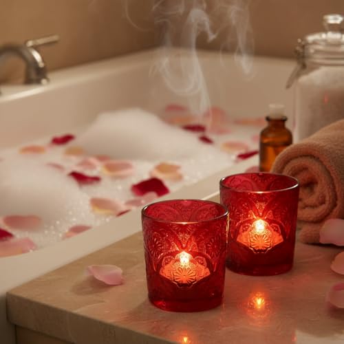 6 Pack Mandala Embossed Glass Candle Holders – Votive Tealight Holders with Patent Design, Decorative Embossed Glass Cups for Wedding Centerpieces, Parties, and Home Décor (Crimson Glow) - color: Crimson Glow