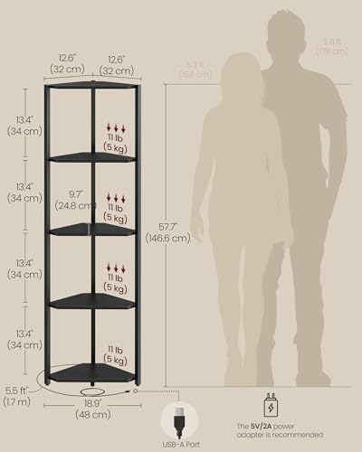 VASAGLE Corner Shelf Stand with LED Lights, 5-Tier Corner Bookshelf, Storage Shelf with Steel Frame, 9.8 x 18.9 x 57.7 Inches, for Living Room, Bedroom, Study, Ebony Black ULBC590B01 - color: Ebony Black