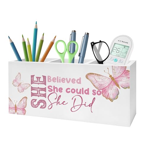 She Believed She Could Pencil Pen Holder for Desk, Inspirational Gifts for Women, Retro Coquette Butterfly Wooden Pencil Holder Organizer for Home Office Desk Accessories - color: Color-Desk accessories white 11
