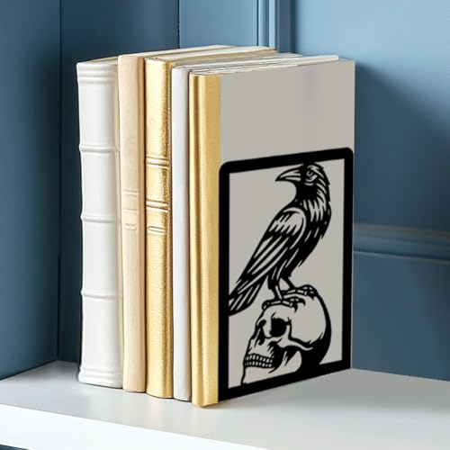 Raven and Skull Decor Gothic Metal Bookends for Shelves, Office Desk Organizer Book Ends for Heavy Books, Home Office Desk Bookshelf Decor Gift for Gothic Lovers and Reading Enthusiasts - style: Crow