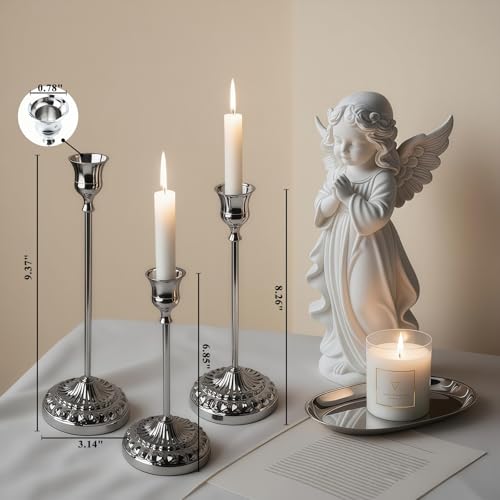 BEAHOT Silver Candle Holders, Set of 3 with Matching Candle Snuffer – Elegant Durable Non-Slip Candlestick Holders for Christmas Decorations Wedding Centerpiece, Dining Table & Home Gift Display - color: Silver 3 Pack