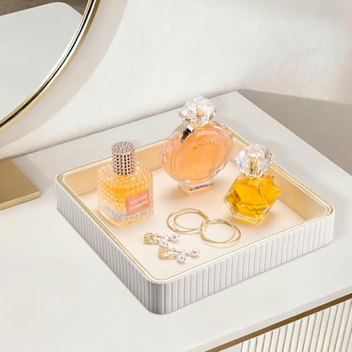 GORESE Square Nightstand Tray Perfume Organizer, Leather Decorative Tray, Purse Bowl Catch All Trays for Trinket Keys, Valet Jewelry Trays for Vanity, Gift for Women & Men, Cream White(9.3'' × 9.3'') - color: Cream White