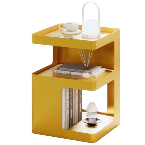 Gold Side Table,Modern end Table with Storage,Unique nightstand,Metal Small Bedside Table,3-Tier Accent Table for Bedroom,Living Room,Small Space,Couch.No Assembly Required - color: Gold