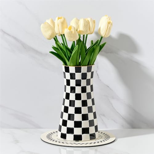 SIDUCAL Elegant Black and White Checkered Pattern Ceramic Vase – Modern Home Décor Flower Vase for Living Room, Office, Dining Room, Shelf, Entryway, Wedding, Table - color: Black and White Checkered