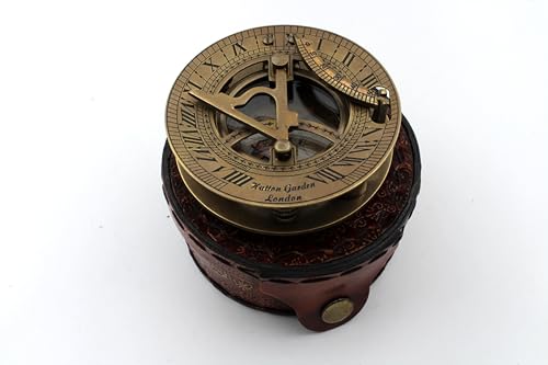 Brass Compass - Antique Brass Sundial Compass Marine Boat Gift Pocket Sun Dial in Box Nautical Marine Gift Sun Clock Pirate Ship Replica Watch - color: Red/Gold