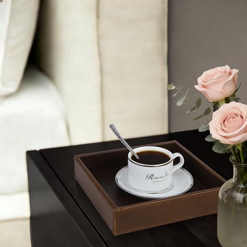 HofferRuffer Faux Leather Vanity Tray, Elegant Desktop Storage Organizer, Decorative Catchall for Perfume, Bathroom Valet, Nightstand or Dresser, 8 x 8 x 1.8 inches (Brown) - color: Brown, size: 8" x 8" x 1.8"