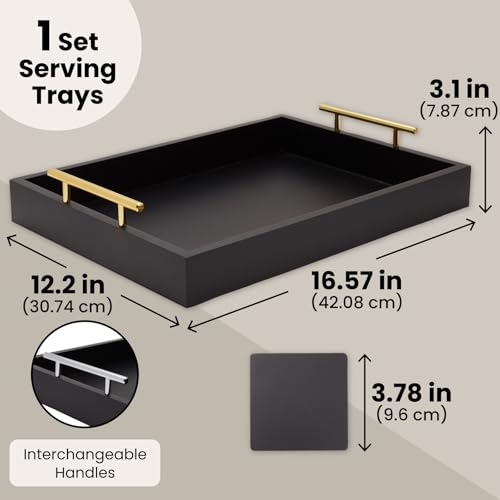 Juvale Wooden Serving Tray - 15.7 x 11.8 x 3.1 in, Black Rustic, Includes 2 Coasters - Decorative Tray with Interchangeable Gold & Silver Handles - Sofa & Ottoman Use, Coffee Table Decor - color: Black