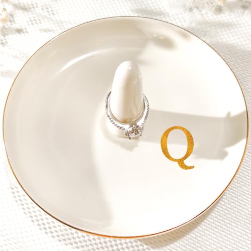 Ceramic Initials Jewelry Tray Ring Dish With Personalized Q-Monogrammed Engagement Wedding Gifts, for Birthday Mother's Day for Women, Ceramic White 4.7" x2.4" - style: Q