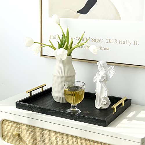 Set of 2 Modern Elegant Large Wood Serving Tray, Rectangle Decorative Tray Ottoman Tay Coffee Table Tray, Black Crocodile Leather with Gold Polished Metal Handles - style: Black Crocodile Tray