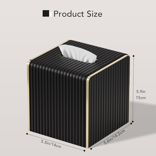Tissue Box Cover,Black Square Luxury PU Leather Tissue Holder with Gold-Tone Edging Accents,Tissue Box Cover for Bathroom Toilet Bedroom Living Room Table Desk Office,Coffee Table Decor - color: Black, size: Square Standard
