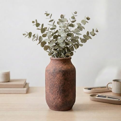 Terracotta Pottery Vase, 9 Inch Ceramic Decorative Flower Vases for Home Decor, Farmhouse Rustic Vase for Centerpieces, Living Room Entryway Table Mantle Decor, Brown