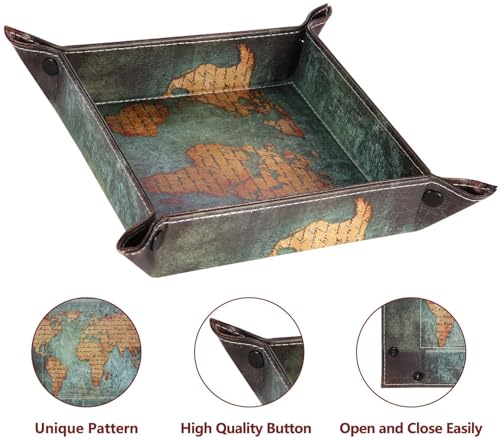 siduater Valet Tray Desktop Storage Organizer, Vegan Leather Catchall Bedside Vanity Tray Nightstand Caddy Holder for Remote Controller, Watch, Keys, Phone, Wallet, Sunglasses, Jewelry - Map - color: Map Design