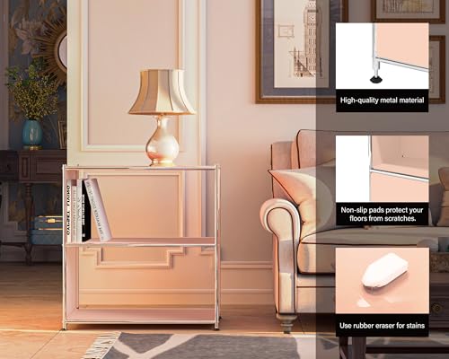 32-Inch 2-Tier Metal Bookcase, Open Shelf Storage Organizer for Living Room, Bedroom, Side Table or Nightstand Use, Modern DIY Assembly (Matt Pink) - color: Matt Pink