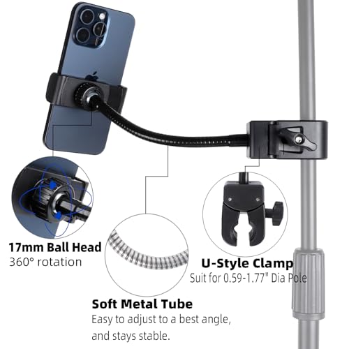 Mic Stand Phone Holder, Flexible Phone Mount with 7.9" Removable Gooseneck for Microphone Music Stand, 360°Adjustable Phone Holder for iPhone 16 Pro Max, 15 Plus, All Smartphones