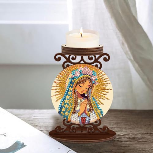 Diamond Art Painting Candlestick Holder Kits, Goddess DIY Shaped Crystal Diamond Art Painting, Woodiness Candle Holder for AromaRelax & Home Decor, Christmas Halloween Ornaments (Double-Sided) - color: Blessed Mary