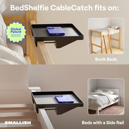 BedShelfie Bedside Shelf for Dorm Room Bunk Bed & Top Bunk, College Dorm Room Essentials, Bedside Caddy, Clip on Floating Desk Tray, Bed Side Table Storage, Loft Nightstand Decor - Cable Catch, Black - color: Black, size: CableCatch (Hard Plastic 12.5 x 9