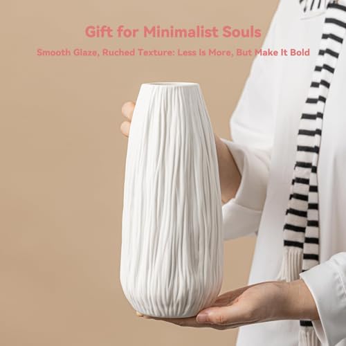 White Ceramic Vase with Woodgrain Texture & Vertical Lines - 9.3" Unique Flower Vase for Pampas Grass & Centerpieces, Farmhouse/Boho Decorative Vase for Living Room, Office Desk &Gift for Her/Yourself - color: Woodgrain Texture