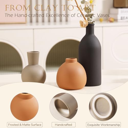 Joeabor Ceramic Vase Set of 3 - Handcrafted Ceramic Vases for Home Decor & Shelf - Modern Farmhouse Decor for Kitchen, Office, Bedroom & Living Room Decorative Objects for Mantel, Table Centerpieces - color: Set C