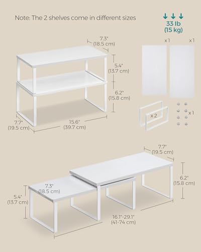 SONGMICS Cabinet Organizer Shelf, Set of 2 Kitchen Counter Shelves, Kitchen Storage, Spice Rack, Stackable, Expandable, Metal and Engineered Wood, Cloud White and Snow White UKCS025W01 - color: Cloud White + Snow White, size: 15.6"W