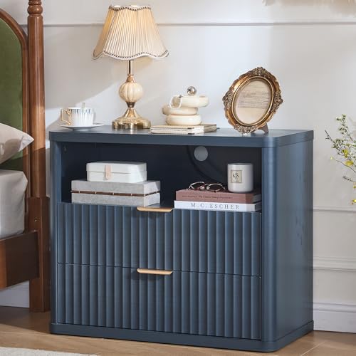 LEYAOYAO 31" Wide Fluted Nightstand with Charging Station, Oversized Extra Large 2 Drawers Night Stand,Blue Wood Bedside Table,Tall Bed Side End Tables,Modern Chest of Drawers Dressers for Bedroom - color: Blue, size: 2 Drawers