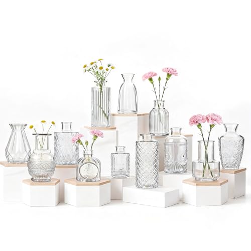 Bud Vases Set of 12, Small Mini Glass Vases for Centerpieces - Elegant Vintage Style - Perfect for Table Decor, Wedding, Party Centerpieces - Great Gift for Home Decor Lovers (Clear) - color: Clear-12pcs