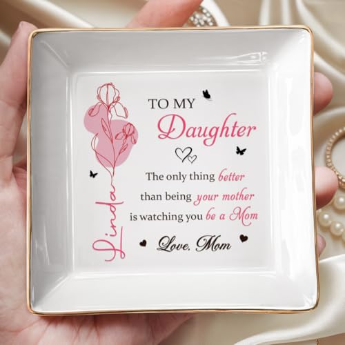 Personalized Jewelry Dish With Birth Month Flower, To My Daughter Ring Dish, Mothers Day Birthday Gifts for Daughter, Custom Floral Name Trinket Tray For Wedding, Ring Holder - color: Style 5
