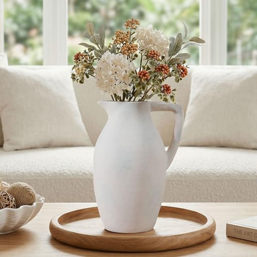 Ceramic Vase with Handle, 9.65 inch Tall Flower Vase Large Floor Vases Home Decor Coffee Table Decor for Living Room Bathroom Farmhouse Modern Boho Centerpieces Bookshelf Kitchen (White) - color: D-9.65"h-white