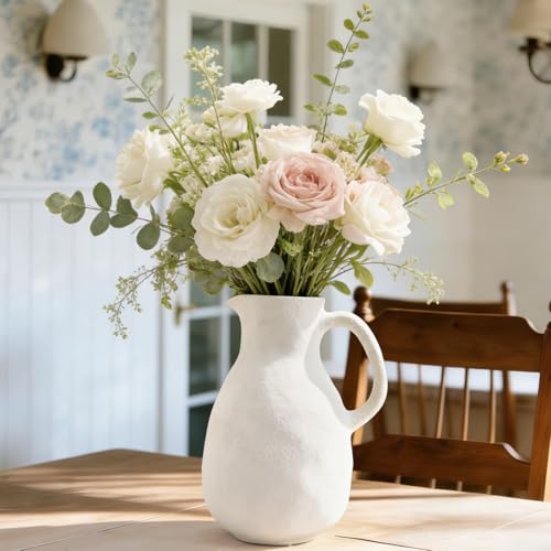 Ceramic Flower Vase 8 inch White Farmhouse Vase with Handles for Home Decor Vintage Rustic Decorations for Bathroom, Living Room, Entryway, Wedding - color: 8 Inch-white