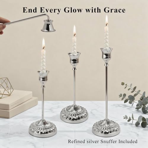 BEAHOT Silver Candle Holders, Set of 3 with Matching Candle Snuffer – Elegant Durable Non-Slip Candlestick Holders for Christmas Decorations Wedding Centerpiece, Dining Table & Home Gift Display - color: Silver 3 Pack