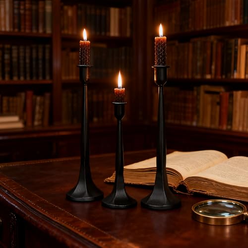 Set of 3 Black Iron Candlestick Holders – Tapered Candle Holders for 3/4" Candles, Tall Candle Stick Set for Dining Table, Wedding, and Home Décor - color: Black
