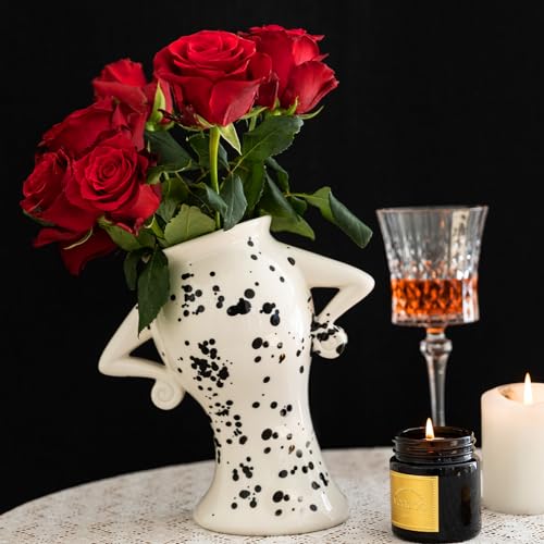 COTYNI Ceramic Vase with Attitude, Unique Flower Vase for Home Decor, Sassy Decorative Vase for Flowers, Cute Boho Vase for Bookshelf Decor, Vintage Quirky Electic Funky Decor for Living Room
