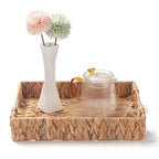Water Hyacinth Rectangular Serving Tray for Coffee Table Natural Storage Baskets with Handles for Home and Kitchen Decor Set of 2