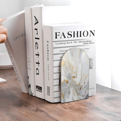Decorative Bookends 2 Pcs White Golden Marble Print Wood Bookends for Shelves Heavy Books Kids Non-Skid Book Ends Stoppers for Office Desk Kitchen School