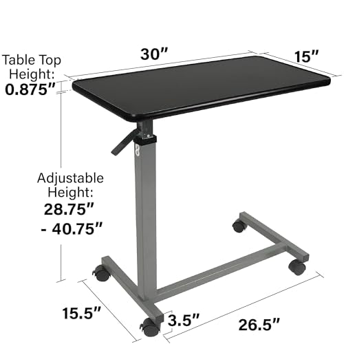 Vaunn Medical Pneumatic Adjustable Overbed Bedside Table with Wheels (Hospital and Home Use) - color: Black