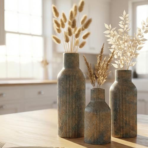 Ceramic Ribbed Vase Set of 3, Modern Farmhouse Decorative Vases in Vintage Blue, Assorted Sizes (5.9"/7.8"/9.8") for Pampas Grass, Living Room, Shelf and Table Centerpiece - color: Vintageblue