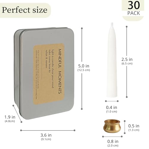 Meditation White Taper Candles Set, 20 Minute Unscented Mini Prayer Candles, 30 pcs Small Wishing Candle with Brass Candle Holders for Home Yoga - color: Unscented White, size: 30 Pack