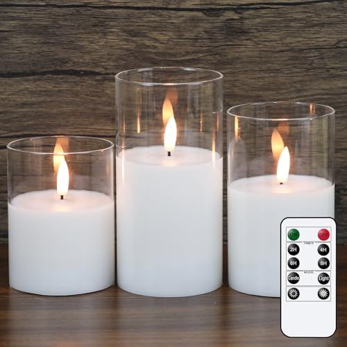 GenSwin Flameless Candles with Remote Timer, Clear LED Battery Operated Candles with Flickering Flame, Glass and Real Wax Pillar Candle Holiday Home Decor(Set of 3, D3”x4”5”6”) - color: Clear