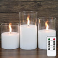 GenSwin Flameless Candles with Remote Timer, Clear LED Battery Operated Candles with Flickering Flame, Glass and Real Wax Pillar Candle Holiday Home Decor(Set of 3, D3”x4”5”6”) - color: Clear