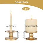 Gold Candle Holders Set of 6, Reversible Pillar Candle Holder and Taper Candles Stand, Metal Table Centerpiece for Wedding Dining Room Holiday Decor