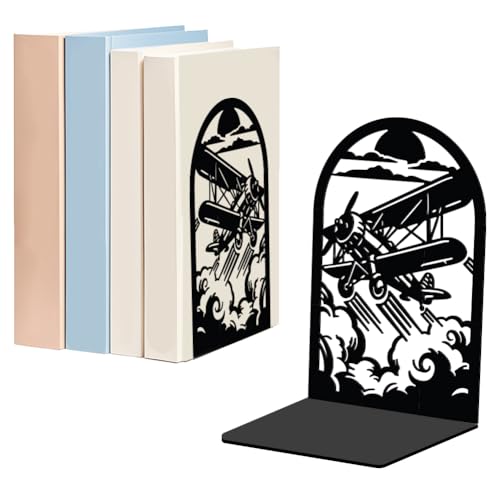 WADORN 1 Pair Airplane Metal Decorative Bookend for Shelves, Heavy Duty Book Ends Modern Non-Skid Books Holder Stand Black Book Support Stoppers for Desk Bookshelf Office Pilot Gift, 5.3x4.3x7.8 Inch - color: Airplane