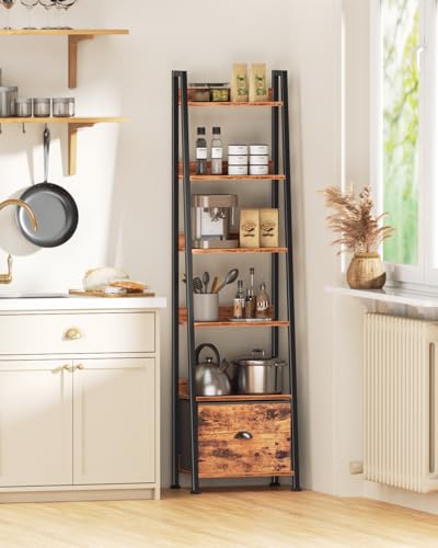 Furologee Bookshelf Set of 2, 6-Tier Ladder Shelf, Ladder Bookshelf with Drawer, Set of 2 Bookshelves, Metal Storage Shelf for Living Room, Home Office, Bedroom, Balcony,Kitchen, Rustic Brown - color: Rustic Brown, size: 6 Tier -2 PCS