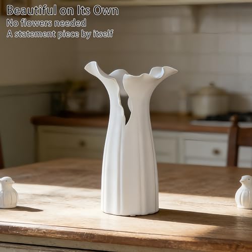 Abstract Irregular Ceramic Vase, White Irregular Pottery Vase, Handmade Decorative Minimalist Flower Vases for Modern Home, Tabletop, Shelf & Office - size: 16" x 12" x 28"
