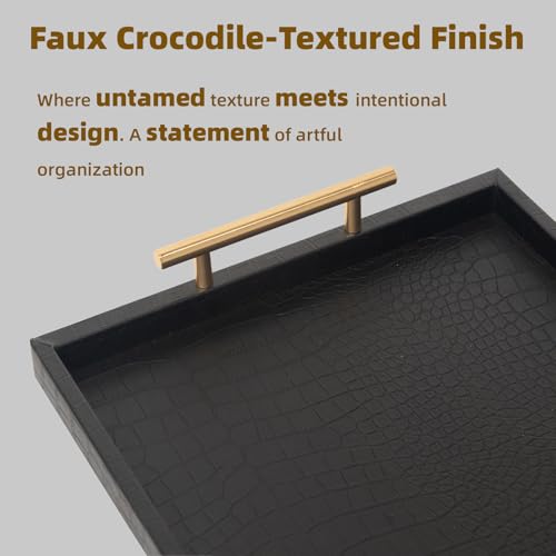 Set of 2 Modern Elegant Large Wood Serving Tray, Rectangle Decorative Tray Ottoman Tay Coffee Table Tray, Black Crocodile Leather with Gold Polished Metal Handles - style: Black Crocodile Tray