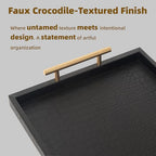Set of 2 Modern Elegant Large Wood Serving Tray, Rectangle Decorative Tray Ottoman Tay Coffee Table Tray, Black Crocodile Leather with Gold Polished Metal Handles - style: Black Crocodile Tray