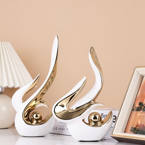 Mid Century Modern Abstract Art Home Decor Accent,Porcelain Statues for Living Room Coffee Table Centerpieces for Dining Room,Ceramic Sculptures and Gold Knick Knacks for TV Stand Decor (White Gold) - color: White Gold