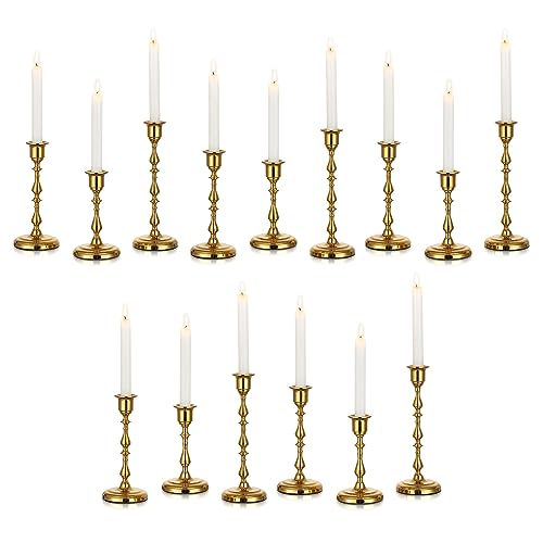 Brass Candlestick Holders Vintage: Set of 15 Gold Taper Candle Holder Metal Candle Sticks Holder Antique Decoration for Dinning Table Mantel Wedding Centerpieces Christmas Party - size: 5 Sets(15 Pcs)