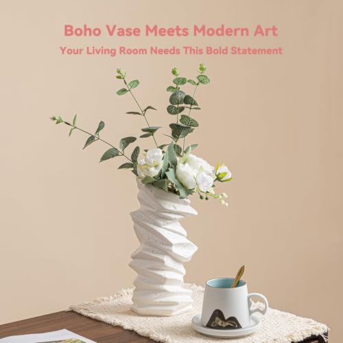 Stone-Stack White Ceramic Vase - 10" Unique Flower Vase for Pampas Grass, Farmhouse Decorative Vase for Living Room/Office, Boho Vase Ideal for Home Gifts & Centerpieces - color: Stone-stack