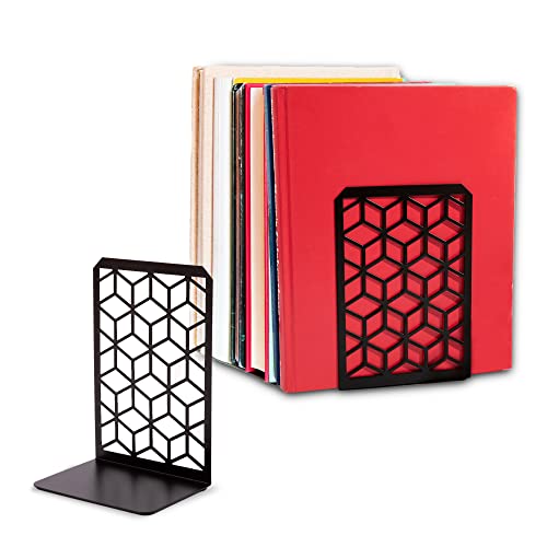 Geomod 3D Cube Black Metal Bookends Decorative for Heavy Books - Sturdy Boho Book Stops - Minimal Book Shelf Stopper - Durable Office Bookends - Weighted Metal Book Holders - 7x4.75 Inches - 1 Pair - color: Black, size: 1 Pair, style: 3D Cube