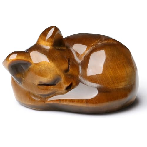 QINJIEJIE Tiger Eye Cat Decor Crystal Figurine Sleeping Healing Crystal 1.6" Hand Polished Gemstones Decor Cute Kitten Sculpture Reiki Room Desk Decoration Cat Gifts for Women Men Stocking Stuffers - color: D-tiger Eye, size: 1.5 inches