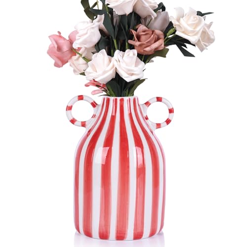 Ceramic Red and White Striped Vase with Handle, Modern Minimalist Christmas Accent Decor Home for Centerpieces for Tables, Kitchen Office, Bookshelf, Bedroom Aesthetic Decor (Red White) - color: Red White